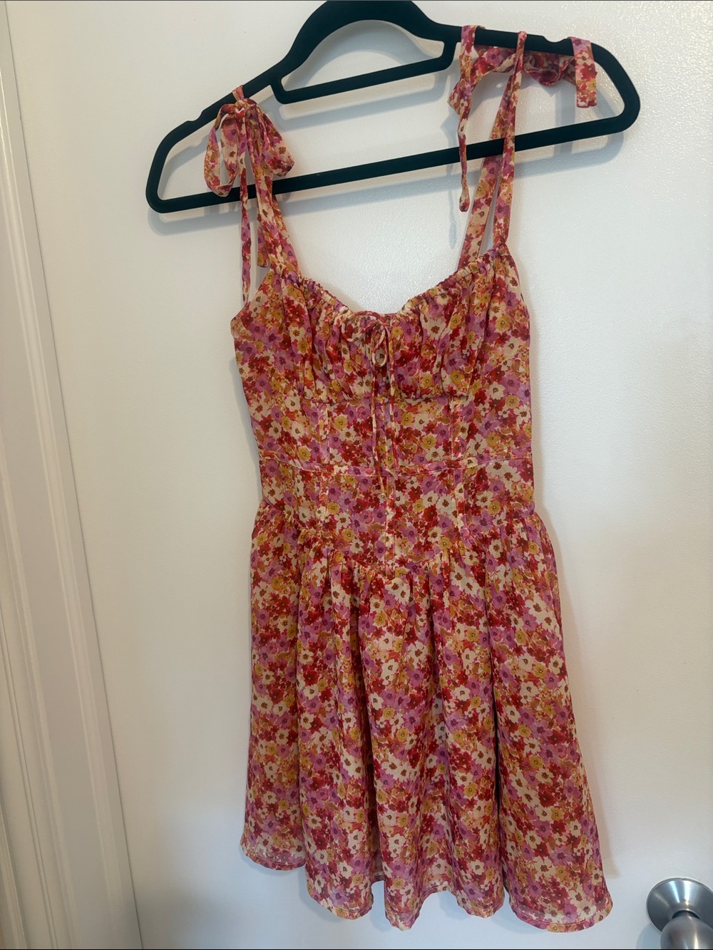 For Love & Lemons Pink Floral Tie-Shoulder Mini Dress